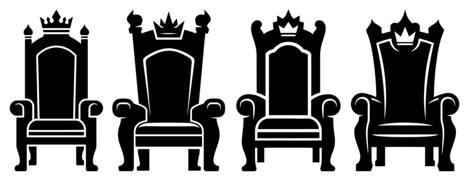 Royal throne icons with crowns for king or queen in black silhouette style