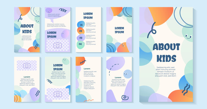 Cute pastel kids story templates with playful abstract shapes, smiling elements and editable layouts for social media, education, birthday and daycare design projects.
