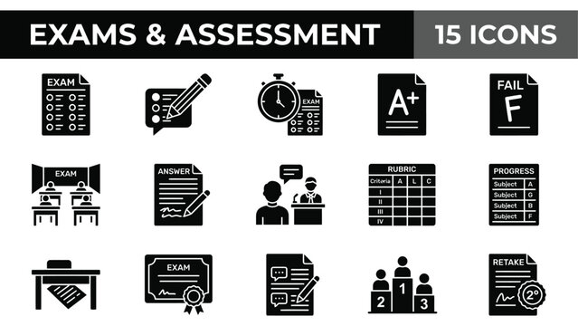 Education icon set, exams, assessment, learning icons