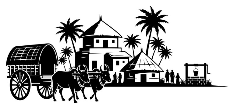 Rural Indian village landscape with bullock cart palm trees and traditional houses in silhouette style