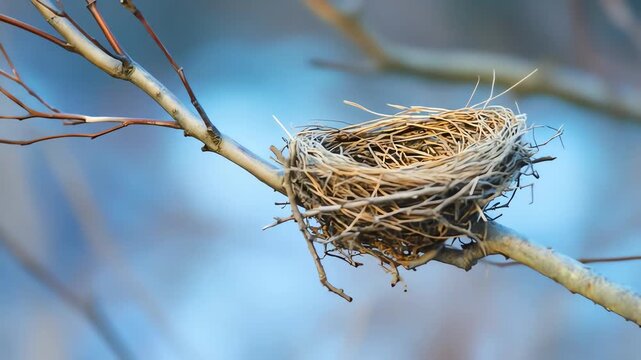 Empty bird nest in tree branches against blurred sky background