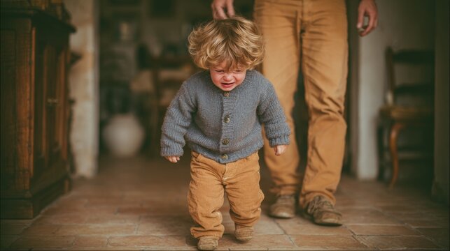 Toddler having a tantrum while parent walks behind