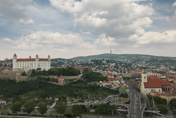 Fototapeta premium Bratislava panoramic cityscape with the castle, St. Martin's Cathedral and highway intersection