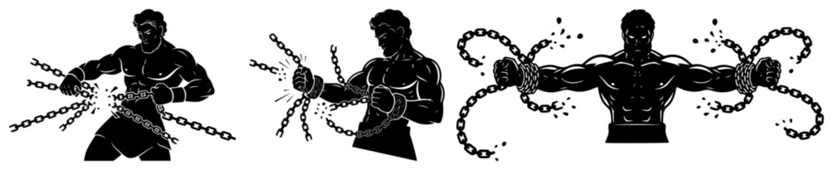 Muscular man breaking heavy chains representing freedom and strength in silhouette style © Camel