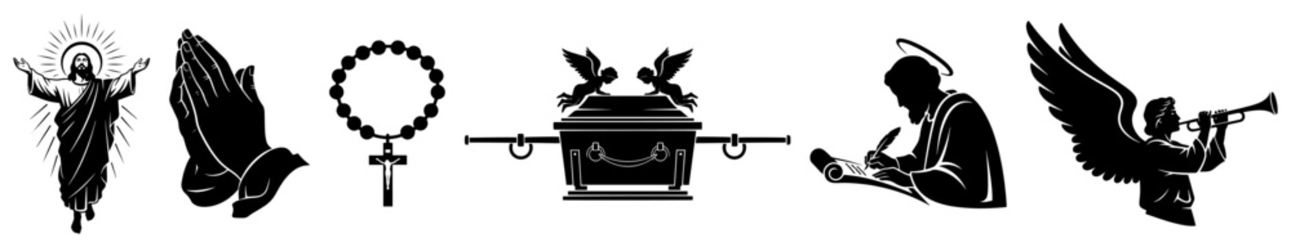 Christian religious icons set including Jesus praying hands and ark of the covenant in black and white silhouette style