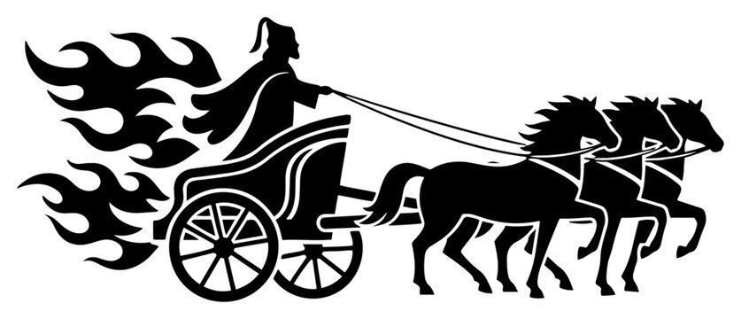 Fiery chariot pulled by horses representing Prophet Elijah or mythology in black and white silhouette style