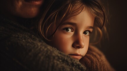 Fototapeta premium Close-up of Child's Face Embraced in Warm Hug, Evoking Safety and Love