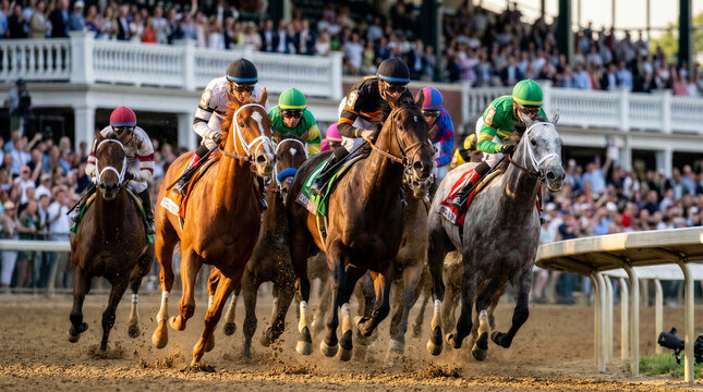 Horses racing at sunset with jockeys and crowd in background  