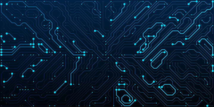 Dark blue abstract circuit board background with glowing digital wiring patterns. This futuristic technological matrix serves as a dynamic computer hardware backdrop.