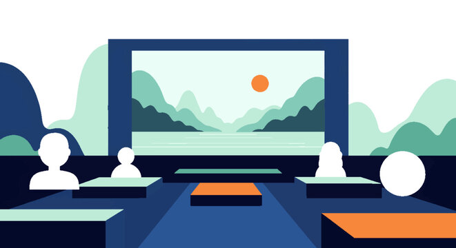 Modern flat design illustration of a virtual presentation with an audience watching a landscape on a large screen, perfect for online meetings and digital conferences.