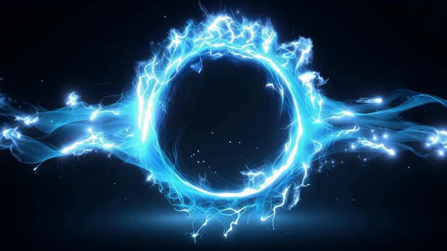 Electric blue energy ring glowing abstract portal on dark background, science fiction plasma circle with light trail effect, neon spark and luminous circular design for SEO searchable concept artwork
