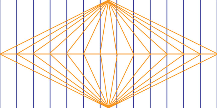 Abstract geometric line pattern background with symmetrical orange lines and blue vertical grid on light yellow backdrop.