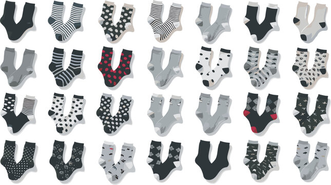 Comprehensive fashion set of comfortable patterned crew socks in diverse monochrome gray black and white graphic designs isolated on a clean background