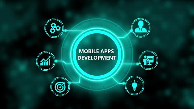 Mobile apps development concept with digital hud interface and for software engineering and tech business solutions