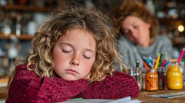 Young girl sleeping at table with woman in background
