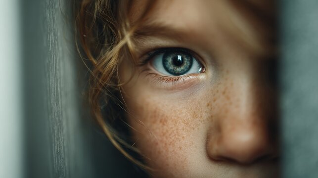 Close-up of a young child's blue eye and freckled face, peeking out from behind a curtain.