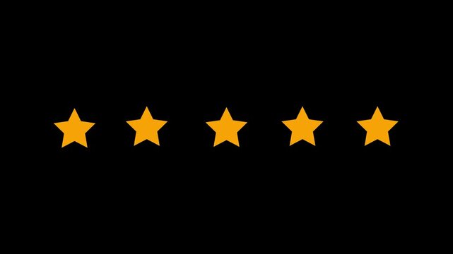 Cartoon shape 5 Star Rating Animation, Golden Special with rating star icon animation. Five yellow stars arranged in a horizontal line on a black background five stars star rating.