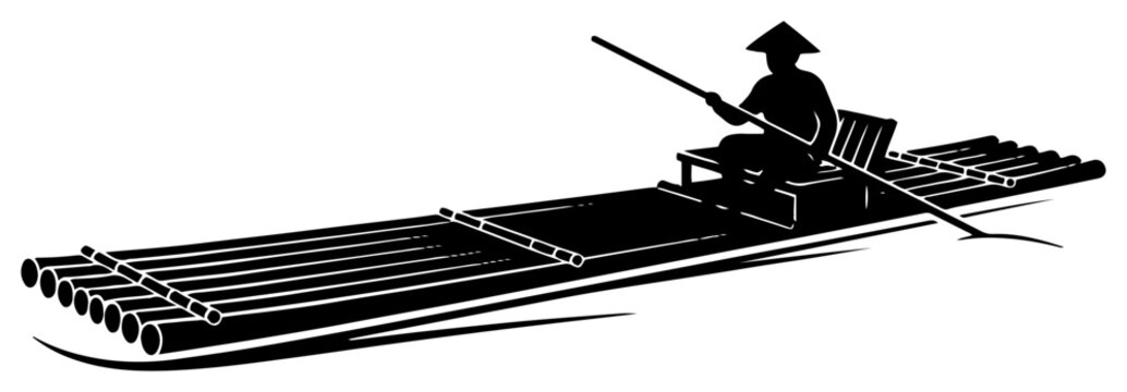 Bamboo raft fisherman rowing on water in traditional silhouette style