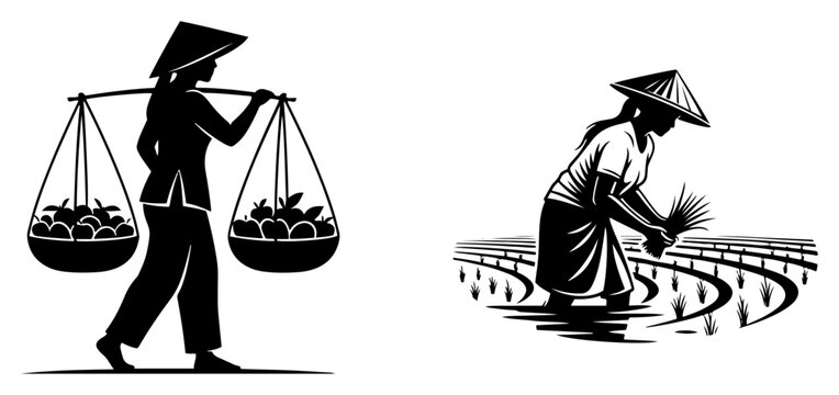 Vietnamese farmers harvesting crops and planting rice in paddy fields black and white vector silhouette