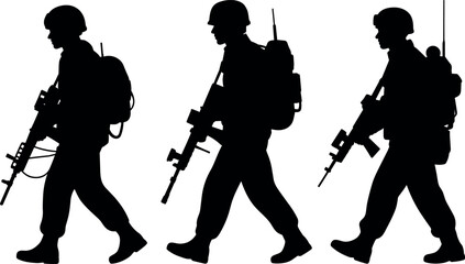 Silhouette Of Three Soldiers Walking In Line With Rifles Backpacks And Radio Antennas Isolated On White Background Military Concept © BIPUL