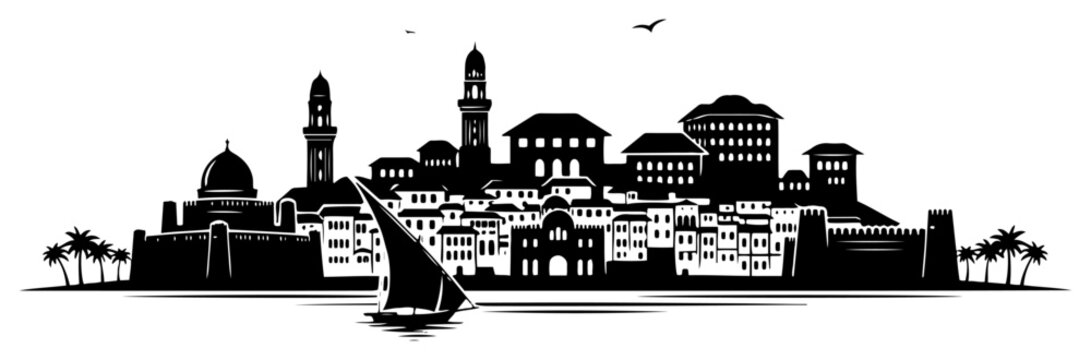 Middle Eastern coastal city with fortress and traditional sailboats in vintage woodcut style