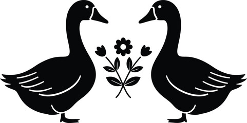 Fototapeta premium Black silhouette of two ducks facing each other with flowers