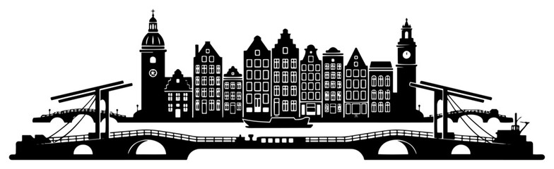 Netherlands historic city skyline panorama with detailed canal houses and drawbridge silhouette vector © Camel