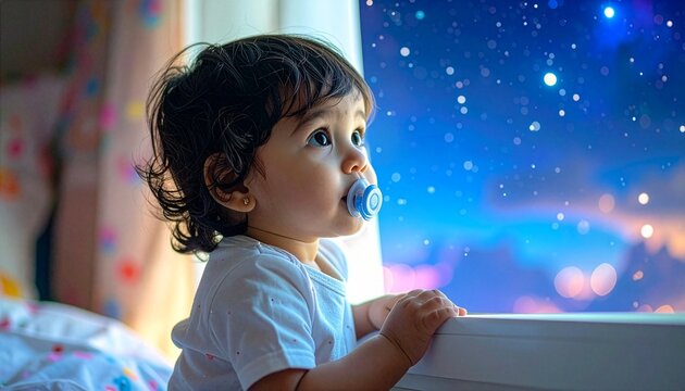 Toddler with pacifier watching starry sky from bedroom window