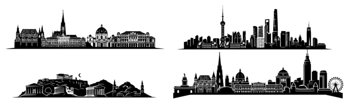 World city skylines set featuring landmarks from vienna shanghai athens and london in vector style
