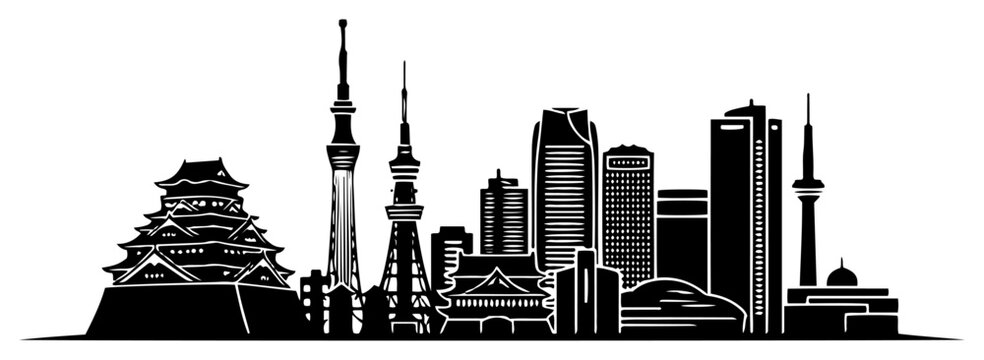 Tokyo city skyline panorama with modern skyscrapers and traditional castle silhouette vector