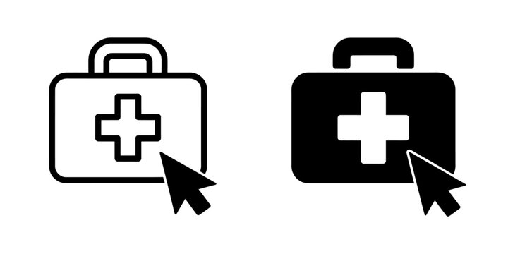 Medical first aid kit icon with cursor click interaction on transparent background