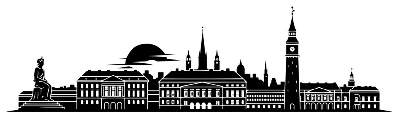 Obraz premium Venice city skyline with Saint Mark square and campanile tower black and white vector silhouette