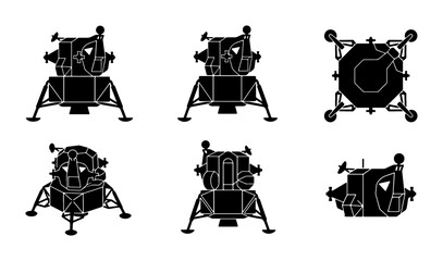 Lunar Lander Vector Icons Set, Spacecraft Landing Module Silhouettes, Sci-Fi Exploration Graphics, Retro Space Mission Design Elements © Mahadi