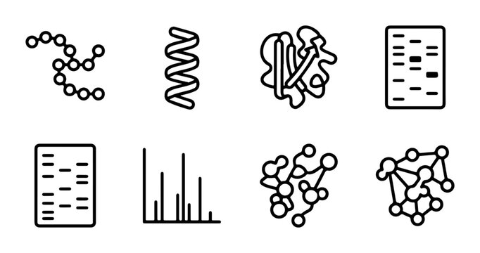 DNA Helix, Gene Sequence, Protein Structure, Data Analysis Icons: Science & Research Vector Set