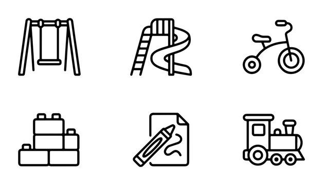 Playground Icons Set, Children's Toys Vector Graphics, Kids Entertainment Symbols, Simple Line Art Collection
