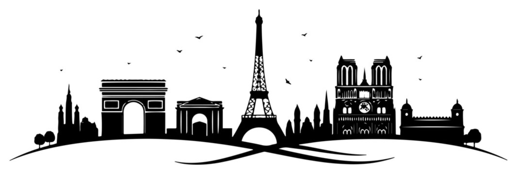 Paris city skyline featuring Eiffel tower and Notre Dame vector silhouette