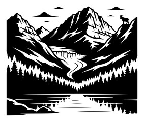Fototapeta premium Mountain valley landscape with pine forest river and mountain goat black and white vector silhouette