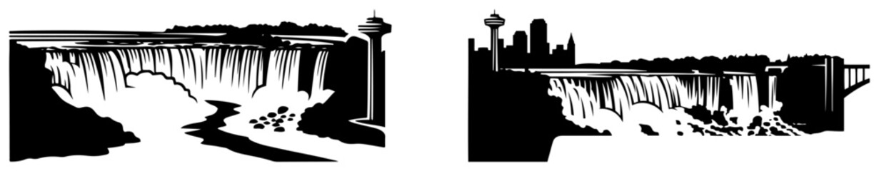 Niagara falls panorama with water cascading and city skyline black and white vector silhouette © Camel