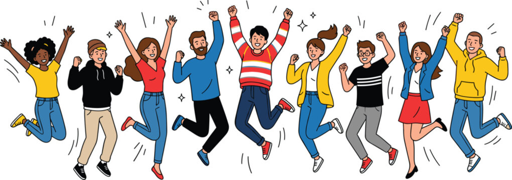 Happy people jumping together in celebration, friendship and success vector illustration concept