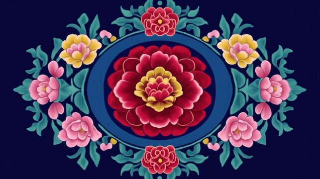 Circular floral pattern with peony and other flowers