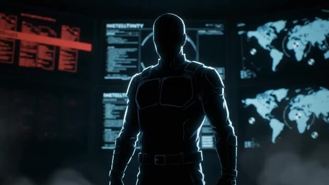 Futuristic cyber agent silhouette standing in a high-tech command center control room as data screens turn red during a security breach alert animation.