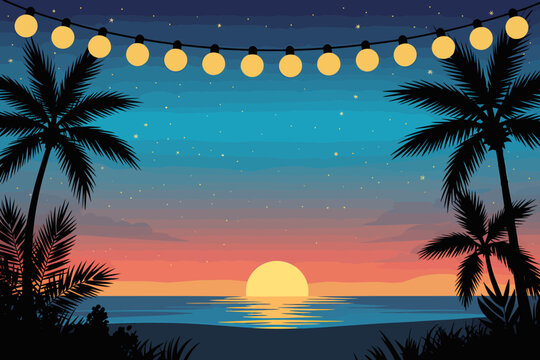 Beautiful tropical beach sunset with string lights and palm trees