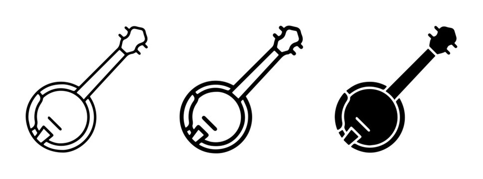 Banjo Icons Set: Outline, Line Art, and Solid Black Vector Graphics for Music and Entertainment