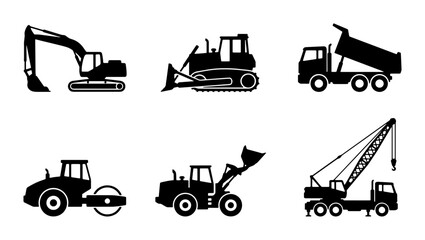 Construction Vehicle Icons Set: Excavator, Bulldozer, Dump Truck, Roller, Loader, Crane Silhouettes © Rashedur