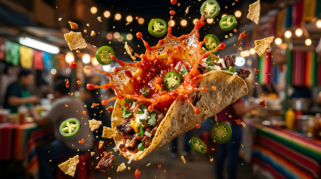 Explosive burrito with hot sauce jalape&ntilde;os in Mexican market