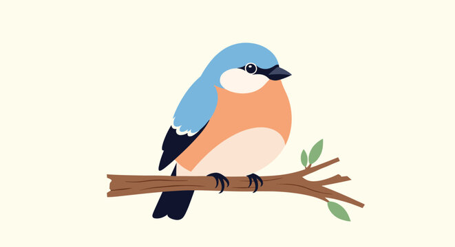 Colorful illustration of a small round bird with blue feathers and an orange breast perched calmly on a simple wooden branch.