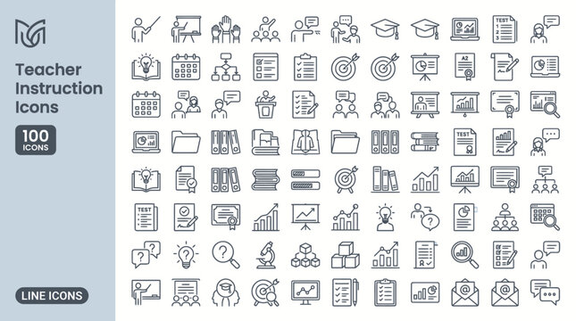 Teacher Instruction Icons Set, Education Line Art, E-learning and Classroom Management Vector Graphic Symbols , png, jpeg, jpg, transparent bg