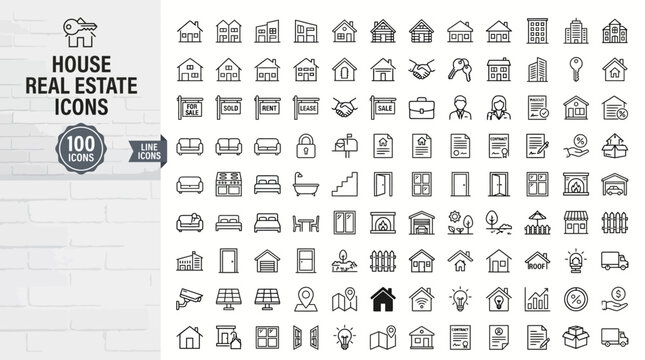 Real Estate Icon Set 100 Line Icons for House Property Mortgage Rental Home Construction and Broker Services , png, jpeg, jpg, transparent bg
