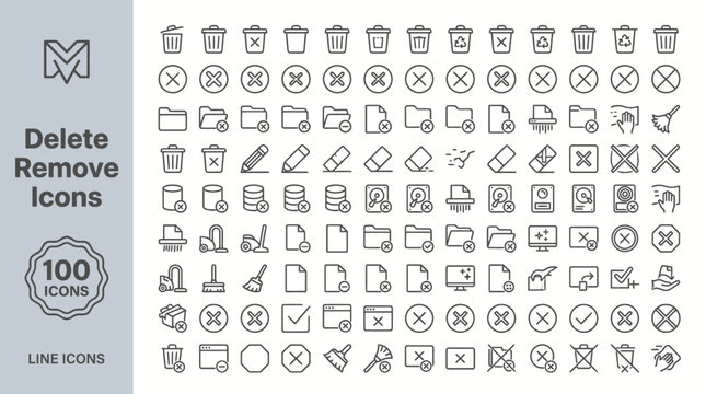 Delete Remove Icon Set 100 Monoline Vector Line Icons for User Interface UI UX Design Trash Bin and Cancel Symbols , png, jpeg, jpg, transparent bg