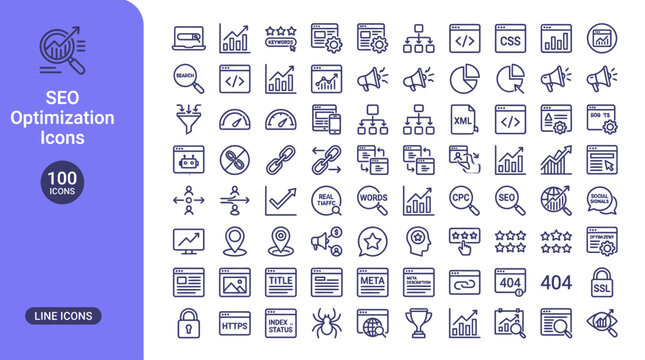 SEO Icons Set Search Engine Optimization Line Icon Pack Digital Marketing Web Analytics Development Symbols Data Analysis , png, jpeg, jpg, transparent bg